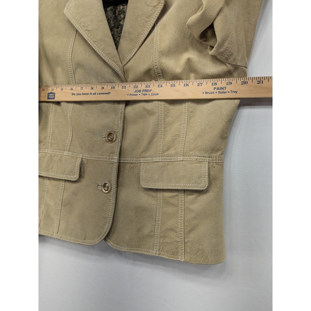 Bernardo Tan Beige Leather Blazer Jacket Lace Lining Pleated Back Womens Large - Picture 6 of 10